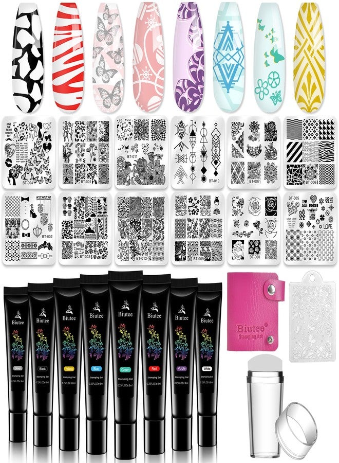 Biutee Nail Stamper Kit 12Pcs Nail Stamping Plate 8Pcs Stamping Gel Polish Nail Stamping Kit with Silicone Stamper Scraper Storage Bag Lace Plaid Stamp Template Holiday Gift for Women - Image 1